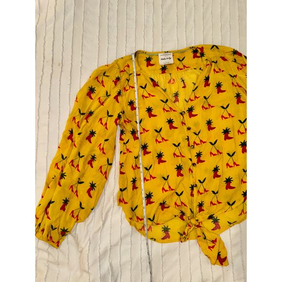Anthropologie Button Down Front Tie Blouse Yellow Women’s 2 Festival Boho Fruit - Picture 10 of 16